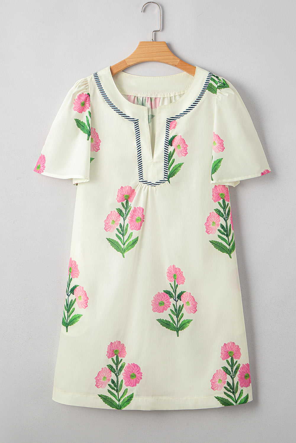 Apricot Floral Short Sleeve Split Neck Loose Mini Dress Floral Dresses JT's Designer Fashion