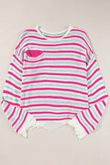 Rose Stripe Oversized Drop Shoulder Sweater with Pocket Sweaters JT's Designer Fashion
