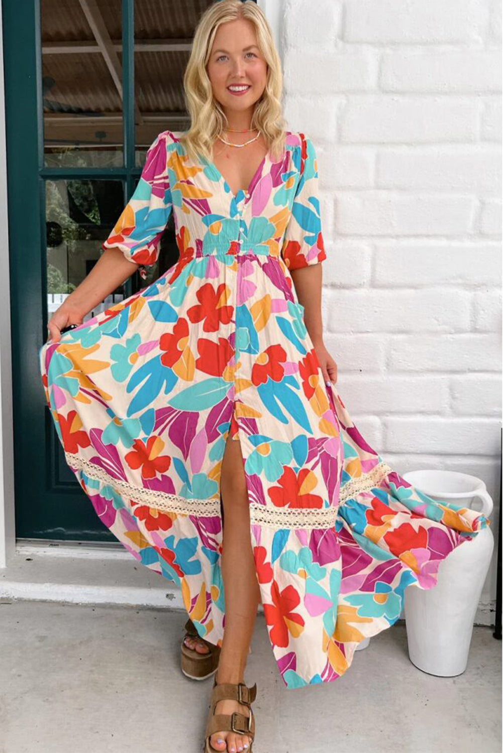 Rose Red Floral Knot Puff Sleeve V Neck Buttoned Front Split Lace Maxi Dress Floral Dresses JT's Designer Fashion
