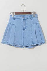 Dusk Blue Pleated Patchwork Wide Leg Lightweight Denim Shorts Denim Shorts JT's Designer Fashion