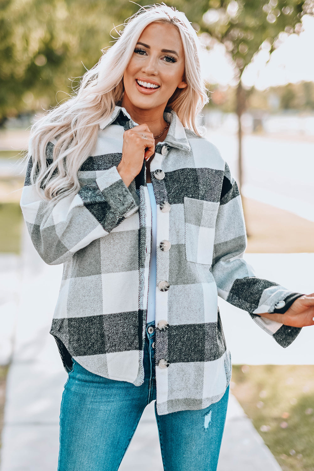 Gray Plaid Color Block Buttoned Long Sleeve Jacket with Pocket Plaid Shackets JT's Designer Fashion