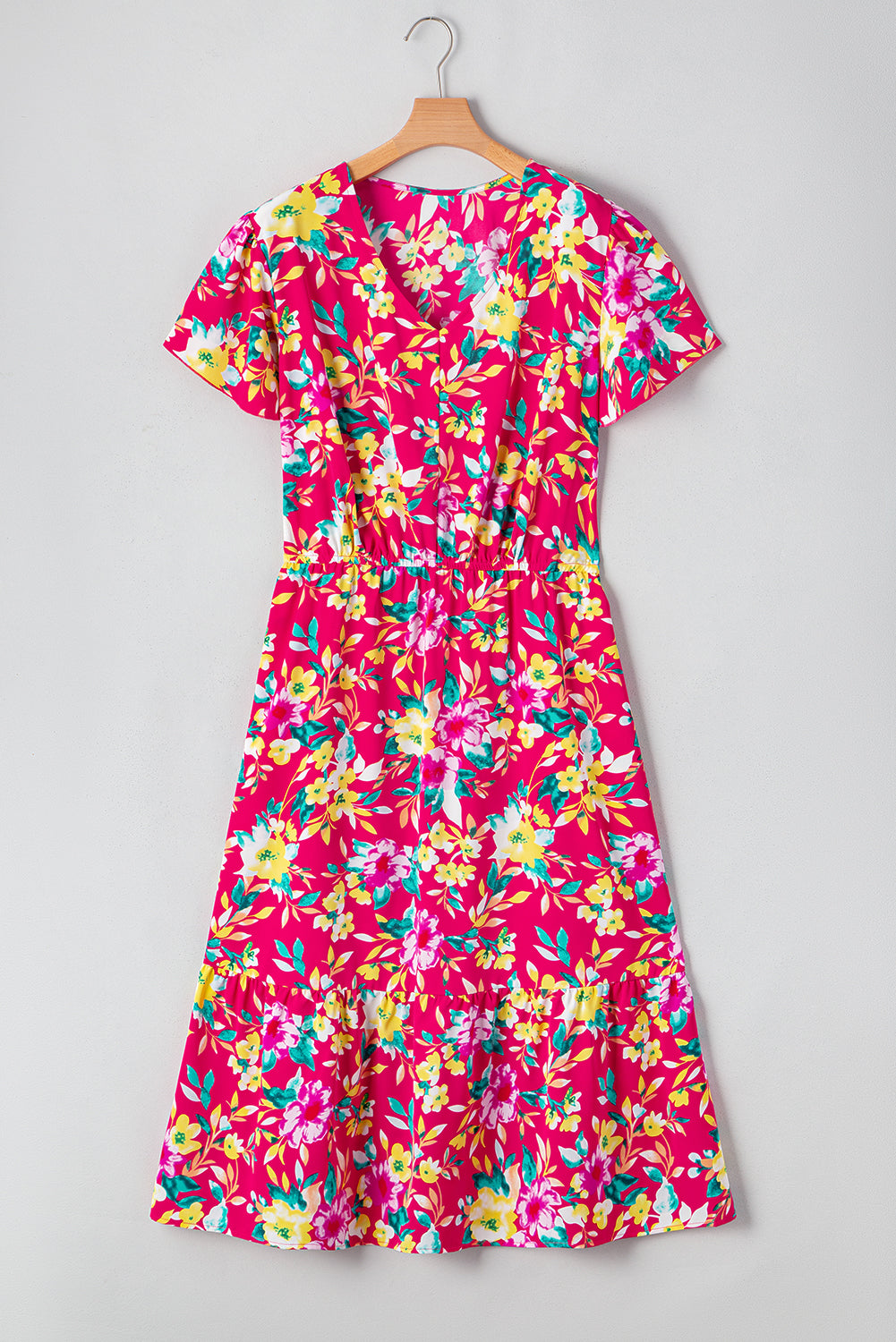Pink Floral Print V Neck Pocketed High Waist Plus Size Midi Dress Plus Size Midi Dresses JT's Designer Fashion