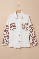 White Cow Spot Patchwork Flap Pocket Distressed Hem Long Denim Jacket Denim Jackets JT's Designer Fashion