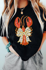 Black Dotty Bow Knot Crawfish Printed T Shirt Graphic Tees JT's Designer Fashion