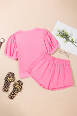 Pink Contrast Bow Trim Pearl Puff Sleeve Blouse and Skort 2pcs Set Short Sets JT's Designer Fashion