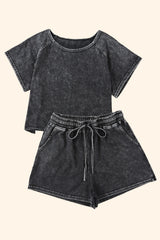 Black Acid Washed Short Lounge Set Short Sets JT's Designer Fashion