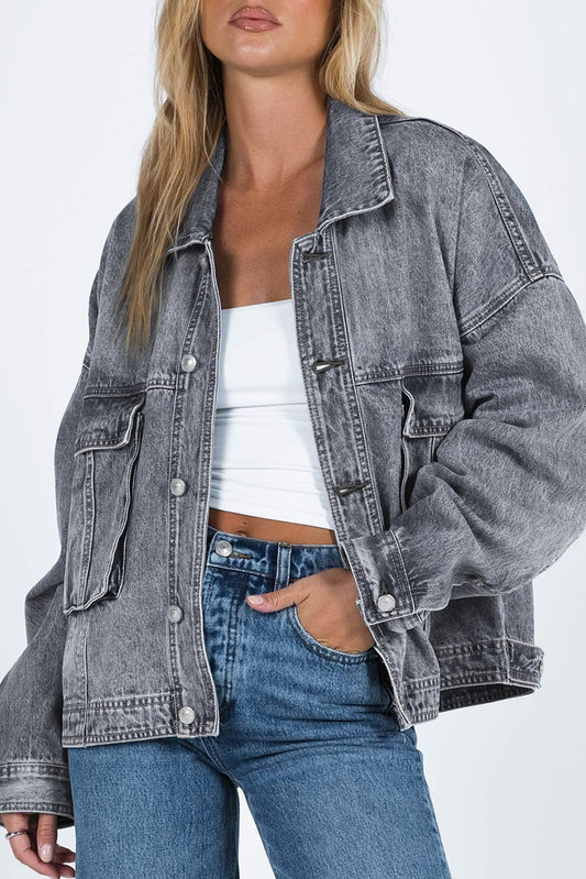 Gray Chest Pockets Drop Shoulder Loose Denim Jacket Gray 75%Cotton+12.7%Polyester+12.3%Viscose Denim Jackets JT's Designer Fashion