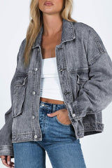 Gray Chest Pockets Drop Shoulder Loose Denim Jacket Gray 75%Cotton+12.7%Polyester+12.3%Viscose Denim Jackets JT's Designer Fashion