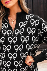 Black Cute Bow Pattern Drop Shoulder Zipped Collar Sweater Sweaters JT's Designer Fashion