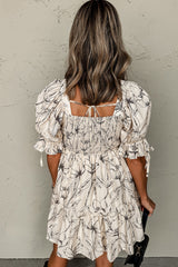 Beige Floral Print Square Neck Shirred Back Puff Sleeve Mini Dress Floral Dresses JT's Designer Fashion