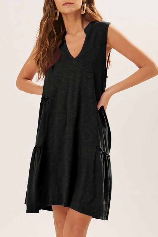 Black Split V Neck Tiered Flowy Sleeveless Dress Dresses JT's Designer Fashion