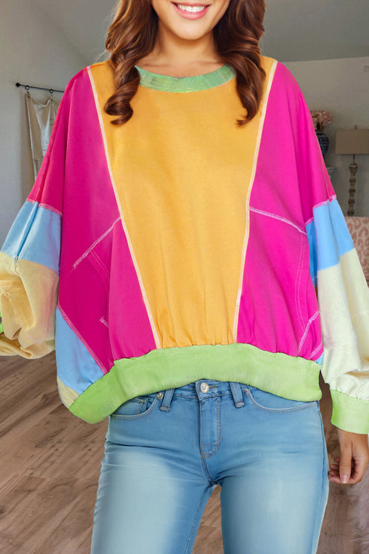 Grapefruit Orange Colorblock Patchwork Exposed Stitching Oversize Top Long Sleeve Tops JT's Designer Fashion