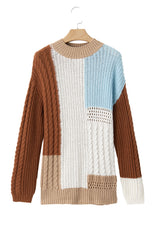 Khaki Mix Textured Knit Colorblock Patchwork Sweater Sweaters JT's Designer Fashion