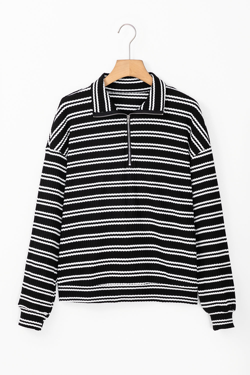Black Stripe Textured Quarter Zip Collar Long Sleeve Top Long Sleeve Tops JT's Designer Fashion