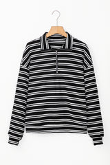 Black Stripe Textured Quarter Zip Collar Long Sleeve Top Long Sleeve Tops JT's Designer Fashion