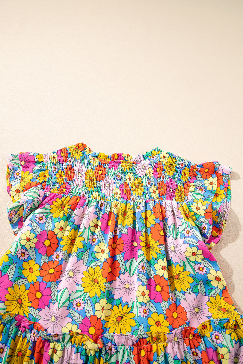 Sky Blue Floral Print Smocked Notch V Neck Flutter Sleeve Mini Dress Floral Dresses JT's Designer Fashion