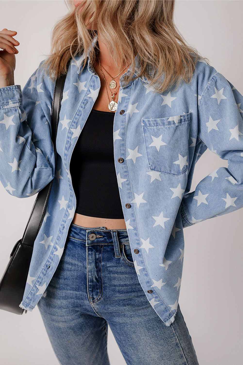 Sky Blue Star Print Light Wash Raw Hem Denim Jacket Denim Jackets JT's Designer Fashion