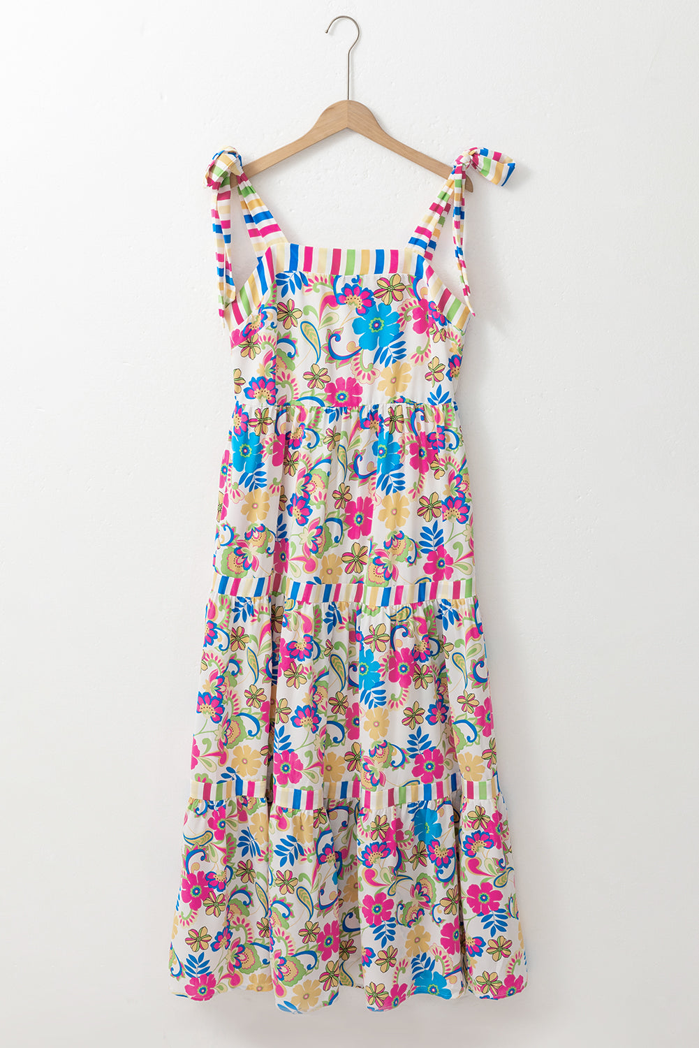 Rose Red Striped Trim Self-tie Straps Floral Maxi Dress Floral Dresses JT's Designer Fashion