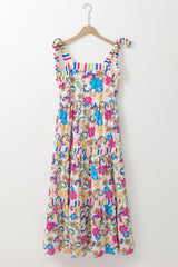 Rose Red Striped Trim Self-tie Straps Floral Maxi Dress Floral Dresses JT's Designer Fashion