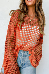 Orange Open Knit Crochet Bell Sleeve Tunic Sweater Sweaters & Cardigans JT's Designer Fashion