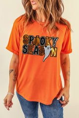 Orange Sequin SPOOKY SEASON Ghost Pattern Halloween T Shirt Graphic Tees JT's Designer Fashion