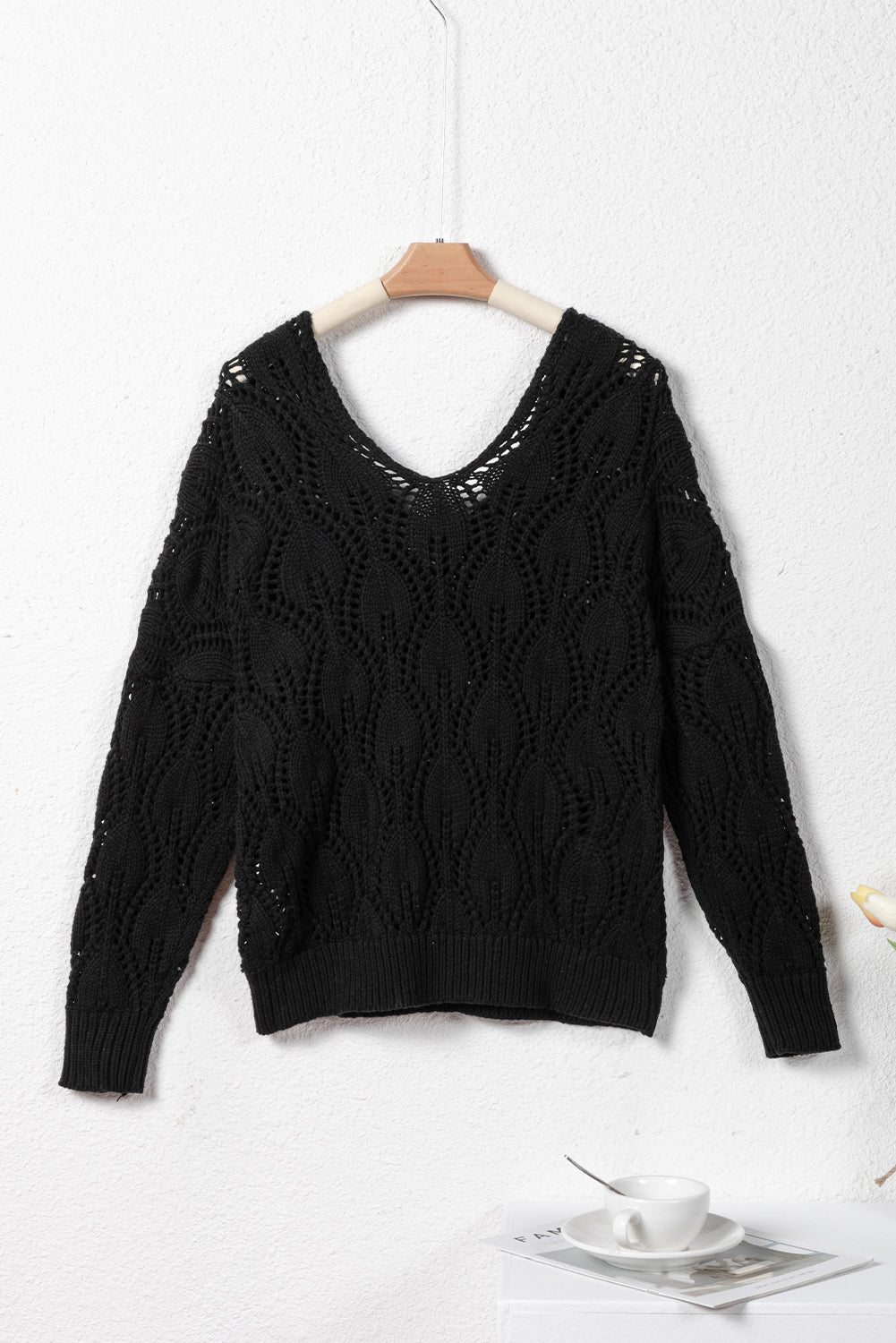 Black Crochet Knit Ribbed Hem Hollow-out Sweater Sweaters JT's Designer Fashion