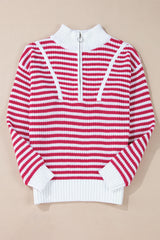 Pink Stripe Zip up Collar Drop Shoulder Sweater Sweaters JT's Designer Fashion