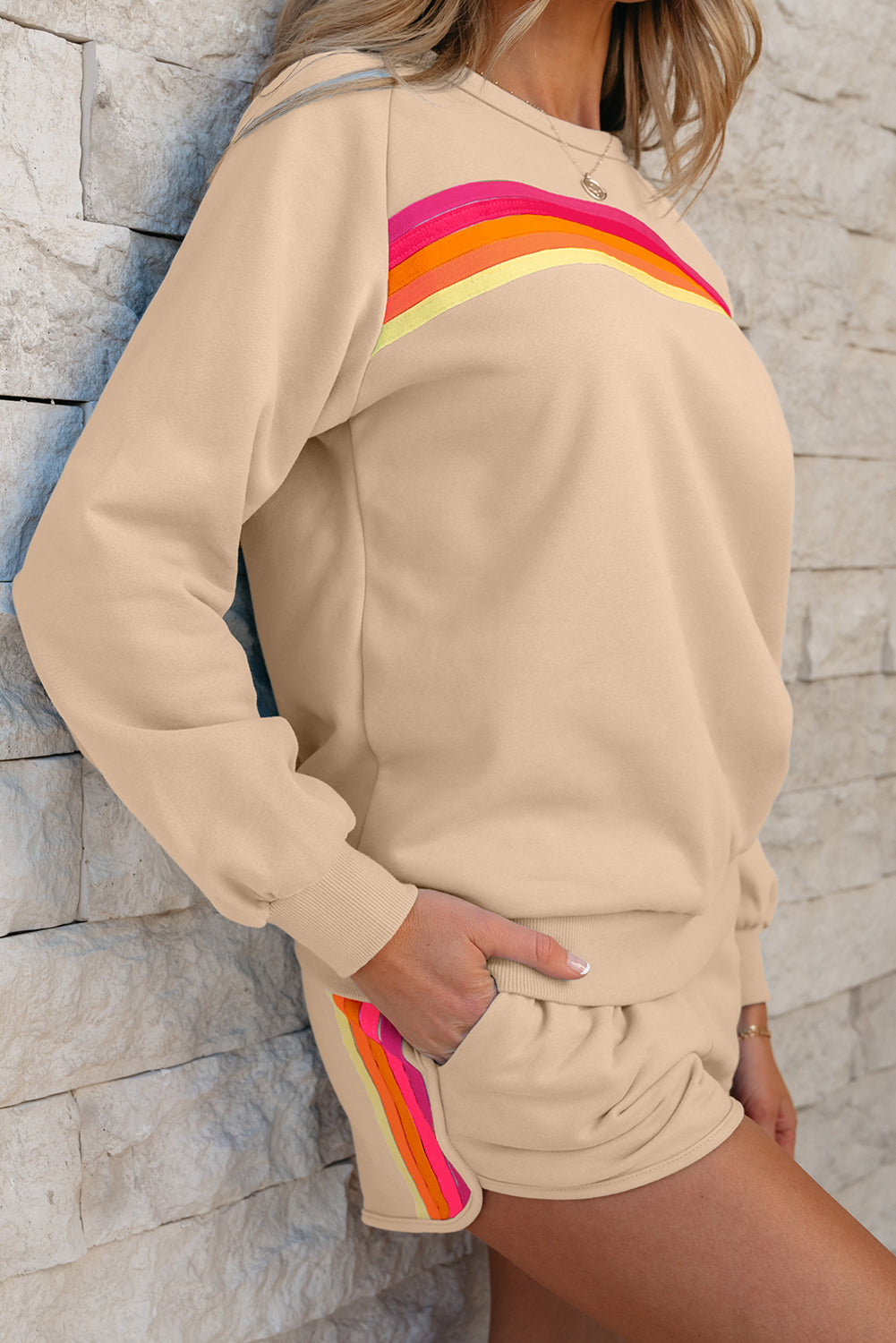 Apricot Striped Accent Pullover and Shorts Two Piece Casual Set Short Sets JT's Designer Fashion