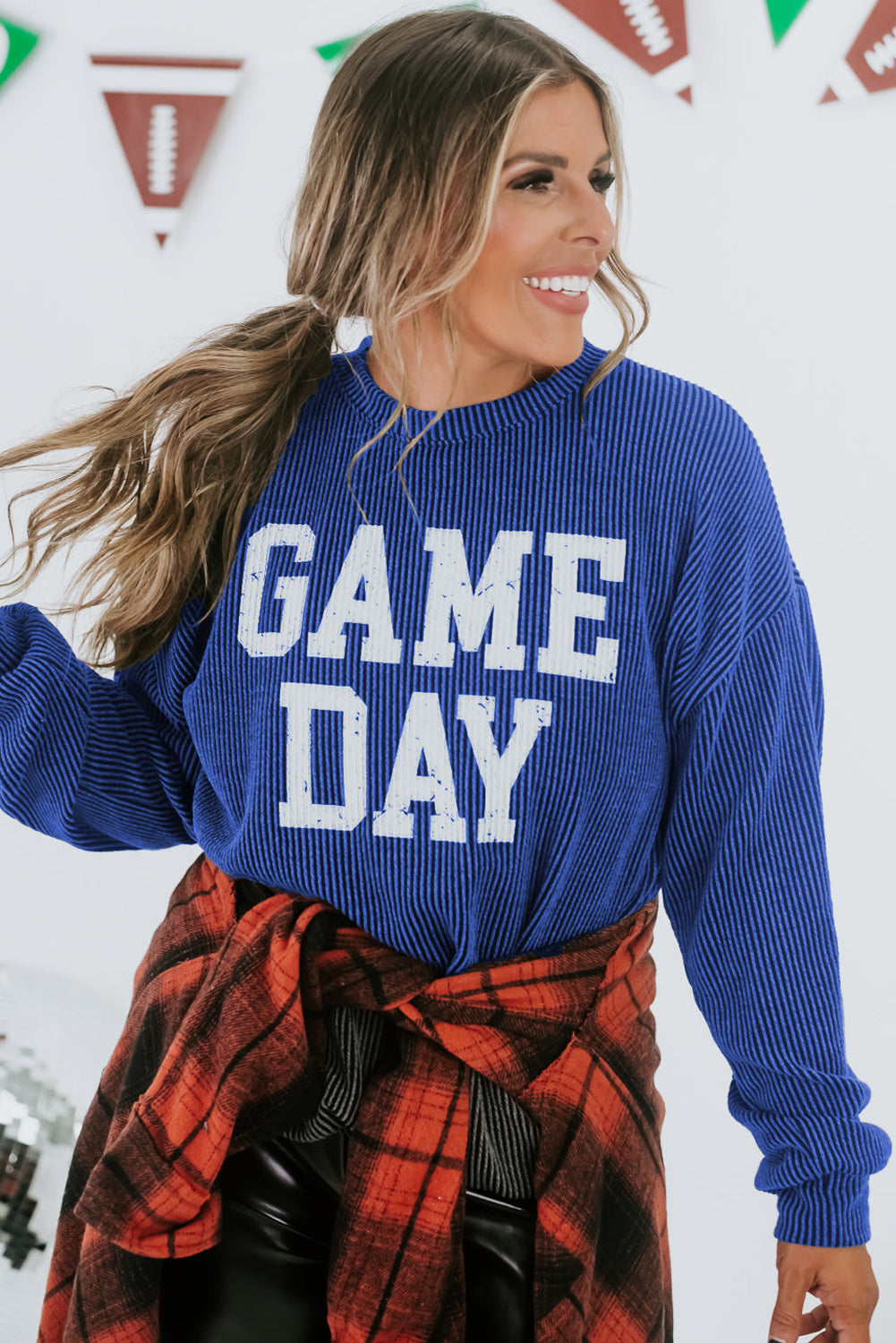 Bluing Corded GAME DAY Graphic Long Sleeve Crewneck Top Long Sleeve Tops JT's Designer Fashion