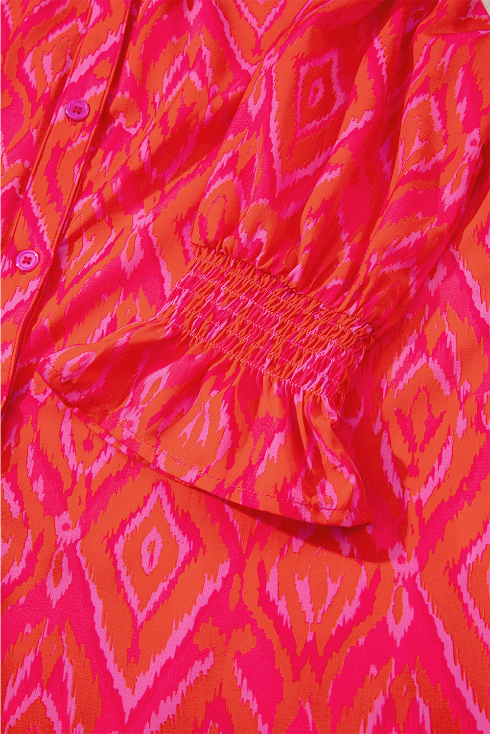 Strawberry Pink Western Aztec Geometric Ruffled 3/4 Sleeve Shirt Blouses & Shirts JT's Designer Fashion