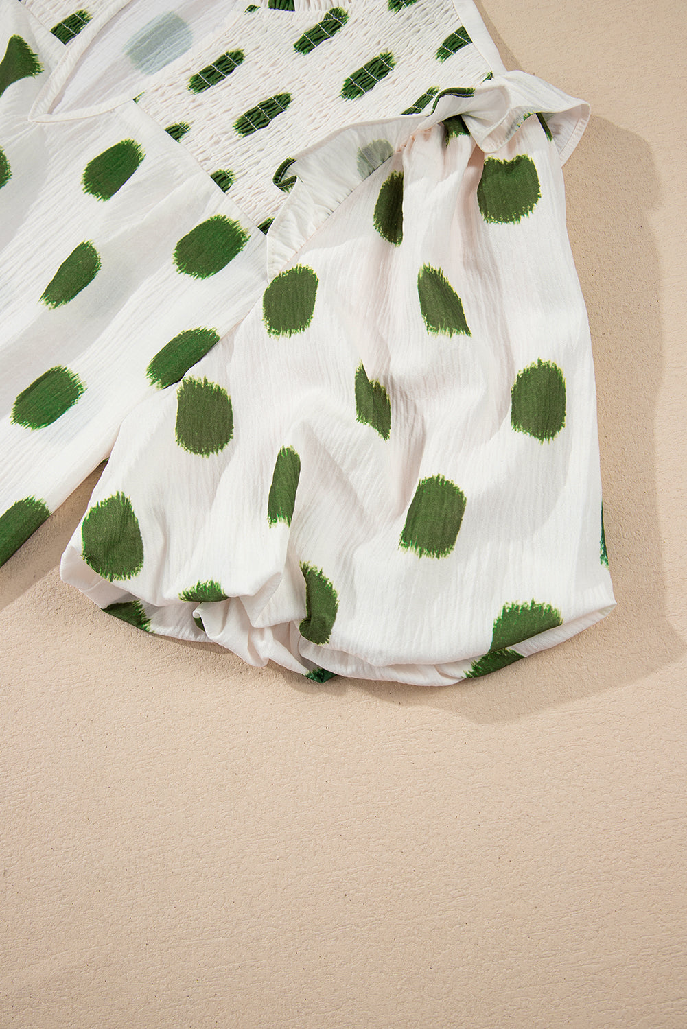 Apricot Polka Dot Print Shirred Yoke Notched Neck Balloon Sleeve Blouse Blouses & Shirts JT's Designer Fashion