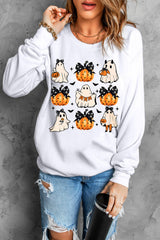 Beige Halloween Ghost Pumpkin Print Crew Neck Sweatshirt Graphic Sweatshirts JT's Designer Fashion