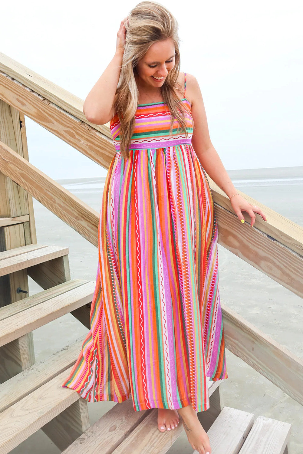 Multicolour Striped Thin Straps Smocked Back Boho Maxi Dress Dresses JT's Designer Fashion