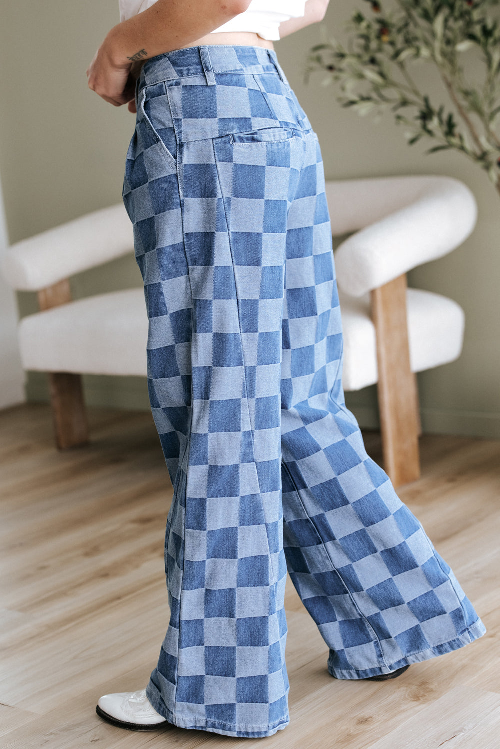 Dusk Blue Checkered Denim Wide Leg Jeans Jeans JT's Designer Fashion