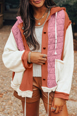 Coral Quilted Textured Patchwork Loose Fit Hooded Jacket Coral 95%Polyester+5%Elastane Jackets JT's Designer Fashion