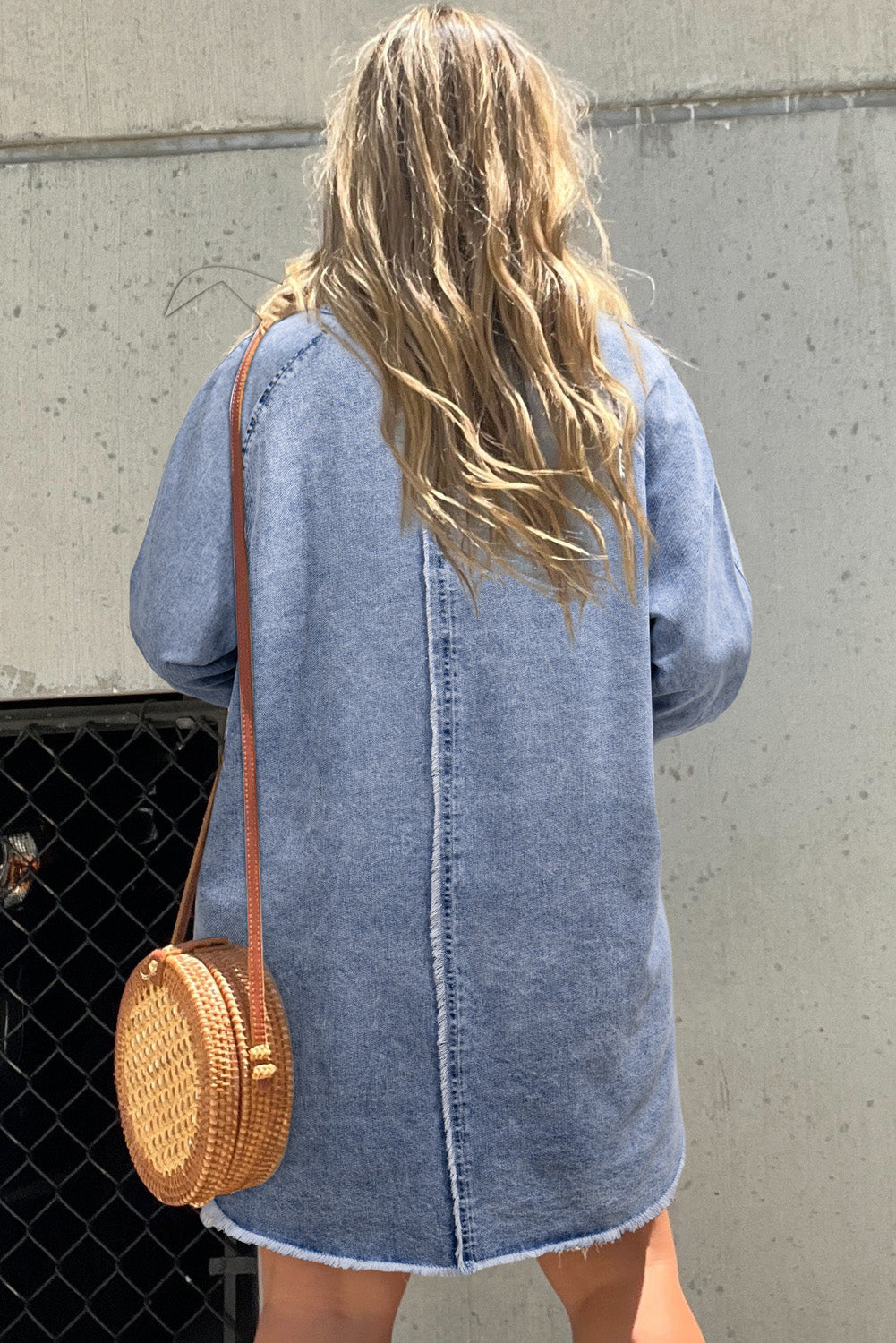 Beau Blue Mineral Wash Long Sleeve Button Up Raw Hem Pocketed Denim Dress Mini Dresses JT's Designer Fashion
