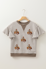 Parchment Sequin Rodeo Patch Pattern Striped Ruffled Sleeve Summer Top Graphic Tees JT's Designer Fashion