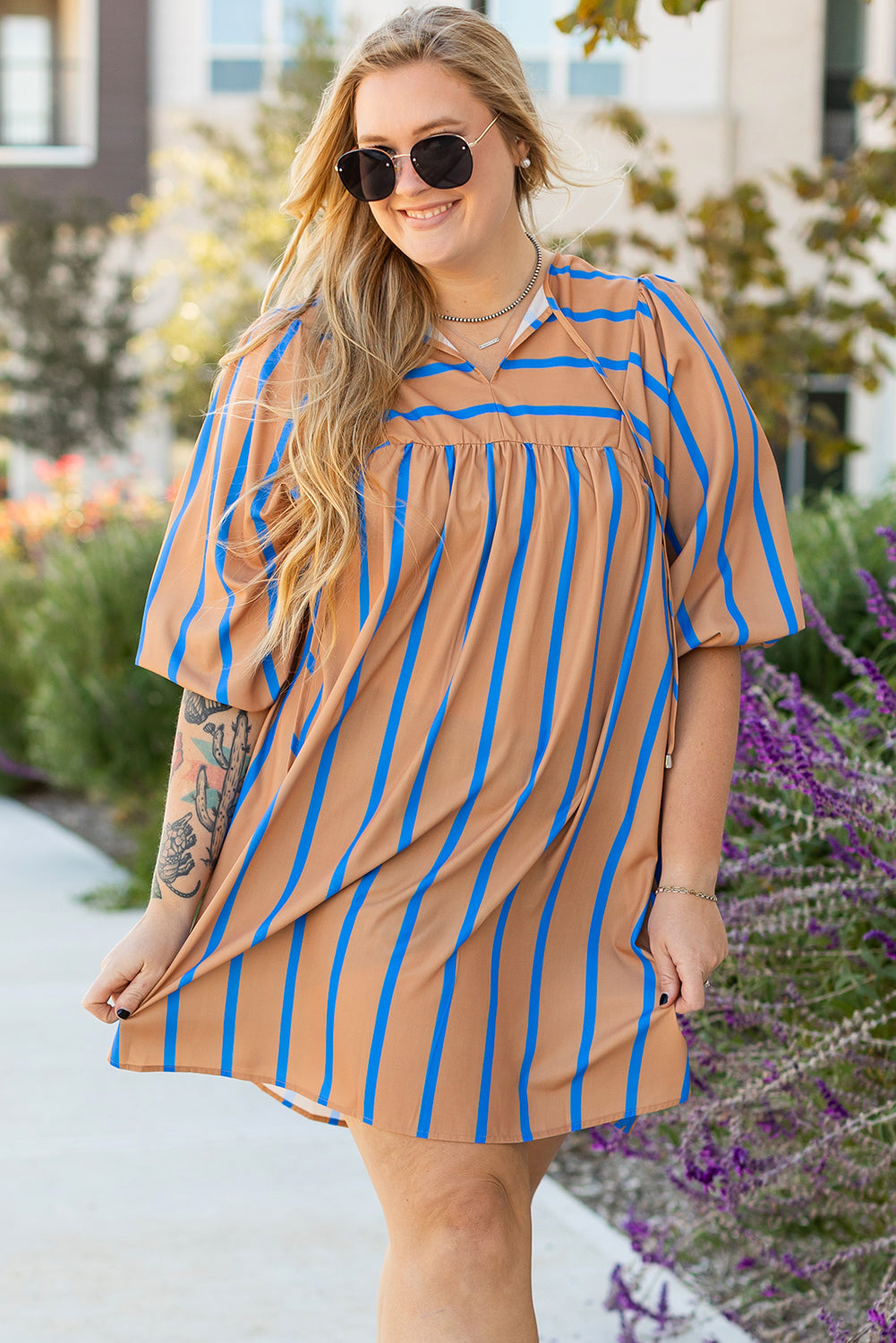 Khaki Stripe Contrast Striped Print 3/4 Sleeve Babydoll Plus Size Dress Khaki Stripe 100%Polyester Plus Size Mini Dresses JT's Designer Fashion