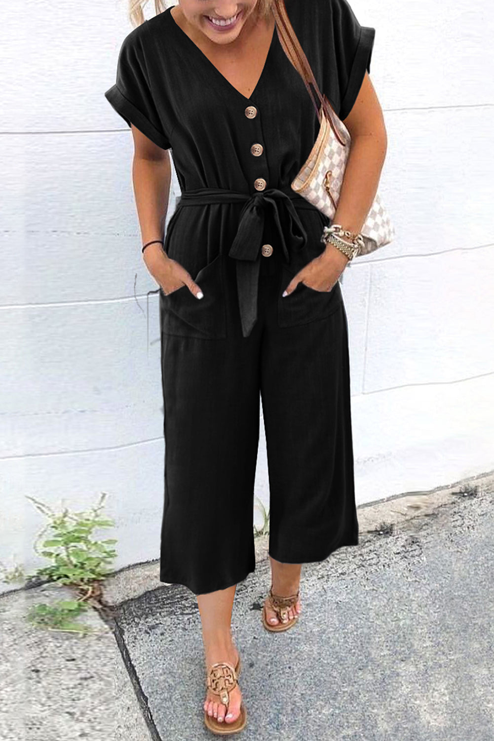 Black Dolman Button Belted V Neck Wide Leg Pocketed Jumpsuit Jumpsuits & Rompers JT's Designer Fashion