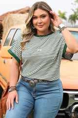 Green Stripe Trimmed Round Neck Plus Size Boxy Fit T-shirt Plus Size Tops & Tees JT's Designer Fashion