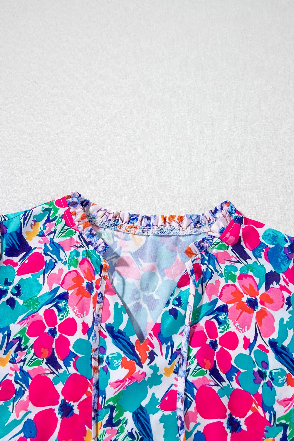 Sky Blue Mixed Floral Print Tie Split Neck Short Sleeve Dress Floral Dresses JT's Designer Fashion