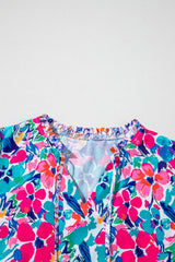 Sky Blue Mixed Floral Print Tie Split Neck Short Sleeve Dress Floral Dresses JT's Designer Fashion