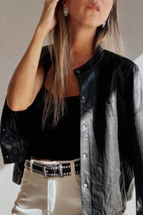 Black Faux Leather Buttoned Front Boxy Jacket Jackets JT's Designer Fashion