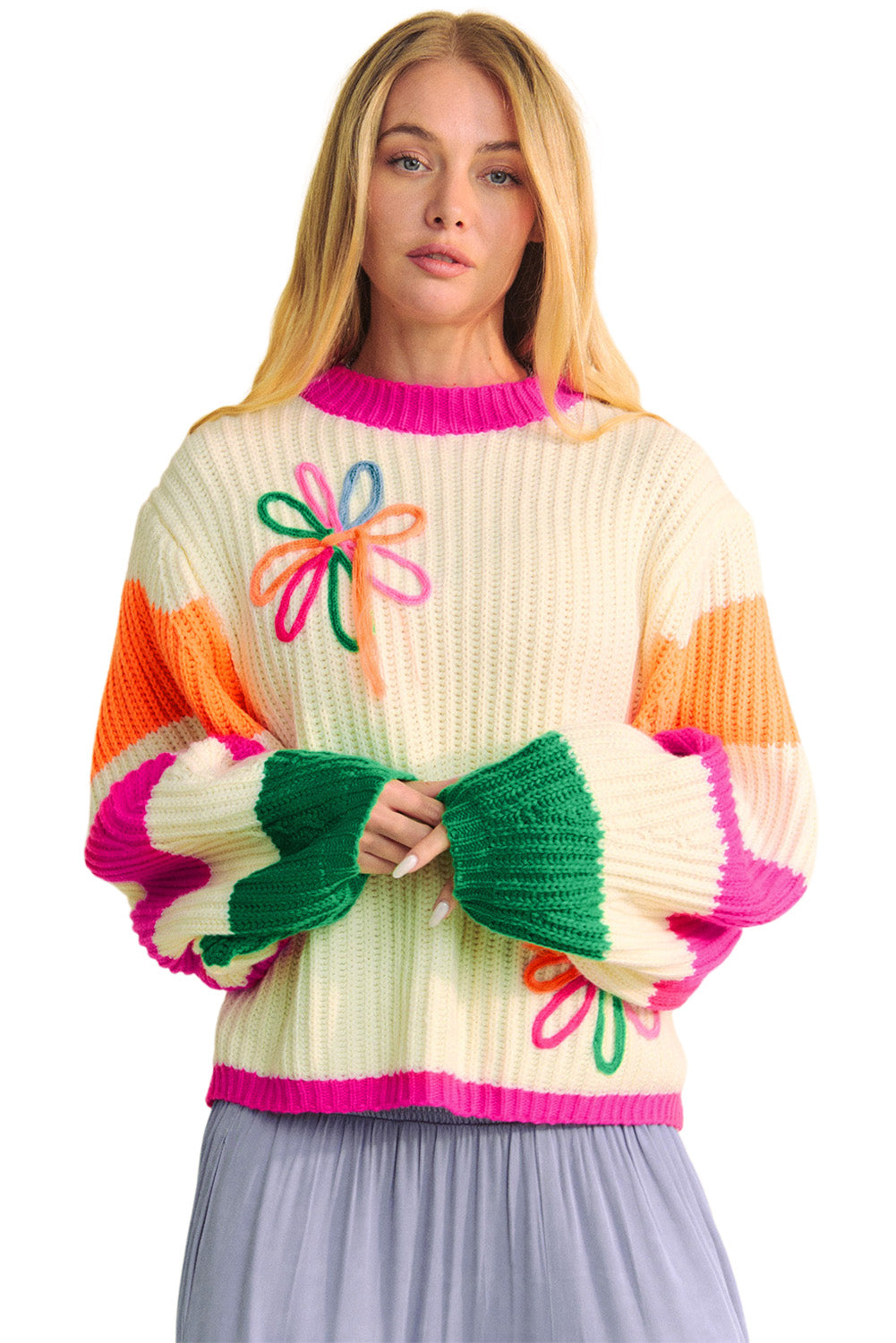 Beige Colorblock Flower Print Cable Knit Loose Sweater Sweaters JT's Designer Fashion
