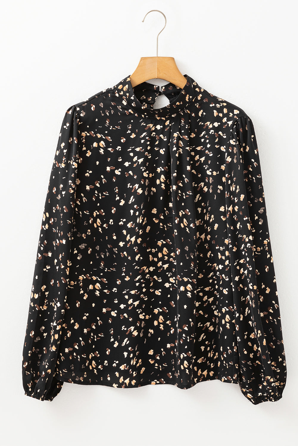 Black Leopard Print Lantern Sleeve Mock Neck Pleated Blouse Blouses & Shirts JT's Designer Fashion