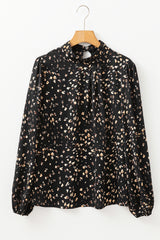 Black Leopard Print Lantern Sleeve Mock Neck Pleated Blouse Blouses & Shirts JT's Designer Fashion
