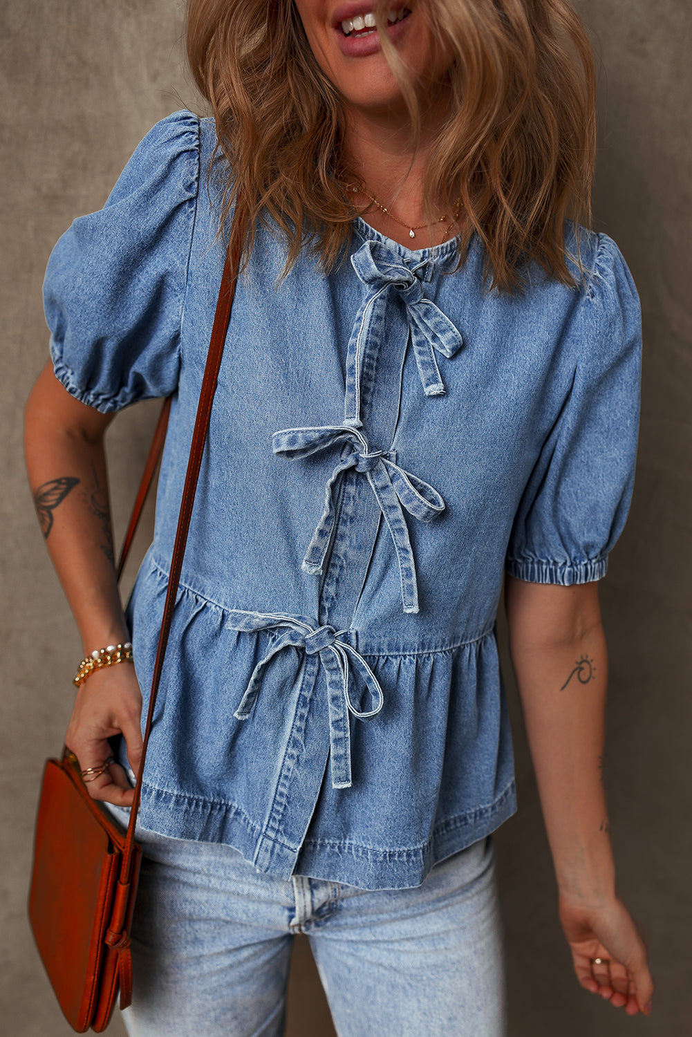 Dusk Blue Tied Front Bubble Sleeve Peplum Denim Shirt Blouses & Shirts JT's Designer Fashion