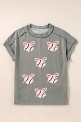 Medium Grey Twist Ribbed Sequined Bow Rugby Game Day Pattern Knit T Shirt Graphic Tees JT's Designer Fashion