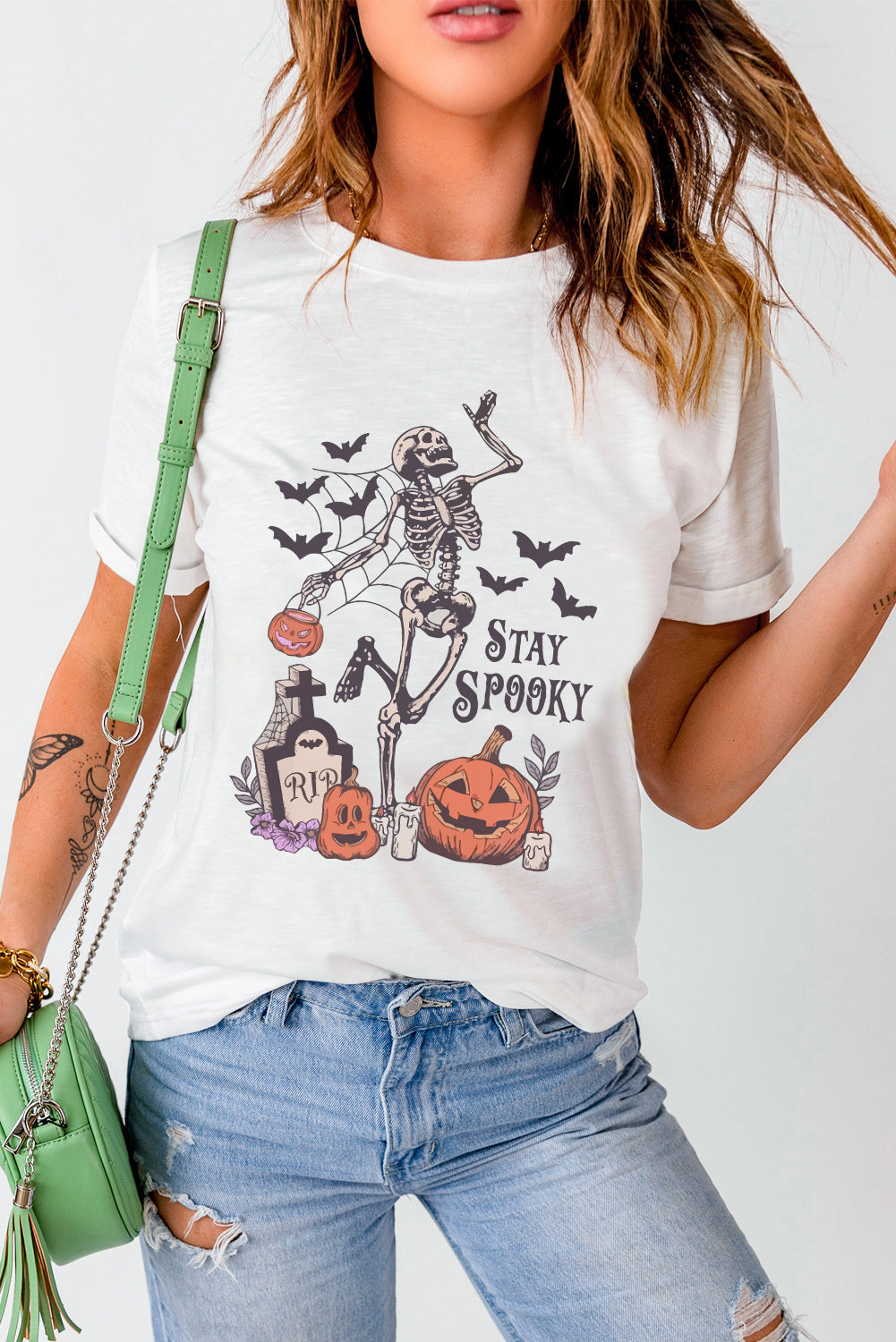 White Skull Pumpkin Face STAY SPOOKY Graphic Halloween T Shirt Graphic Tees JT's Designer Fashion