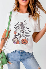 White Skull Pumpkin Face STAY SPOOKY Graphic Halloween T Shirt Graphic Tees JT's Designer Fashion